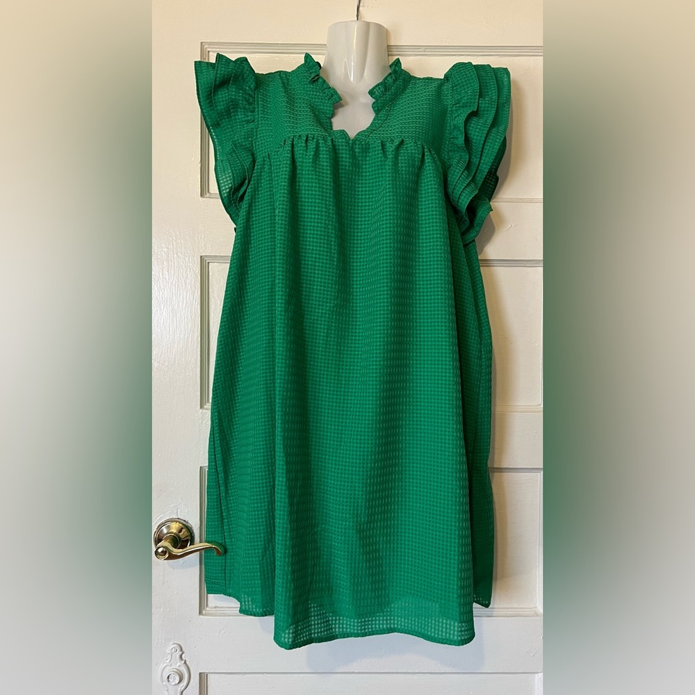 Umgee Green Textured Midi Dress with Ruffled Cap Sleeves